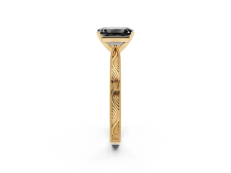 Fancy Black Emerald Cut Diamond Solitaire Milgrain Engraved Band Set in Yellow gold with Prong Setting
