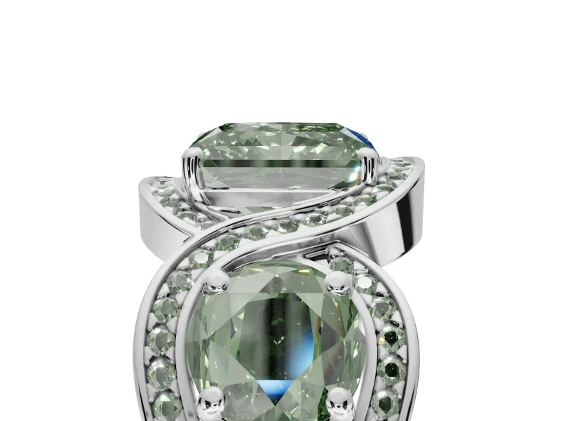 Radiant Cut Three Stone Halo Engagement Ring Setting for a Fancy Green Lab-Grown Diamond | Pavé Wave Band | White Gold