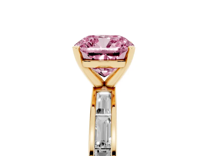 Fancy Pink Cushion Cut Diamond Solitaire Ring Set in Yellow gold with Channel-Set Baguette Band and Prong Setting
