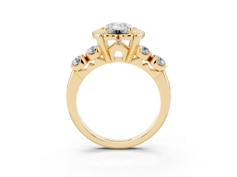 Emerald Cut Floral Engagement Ring Setting | Petal Frame and Side Stones | Yellow Gold