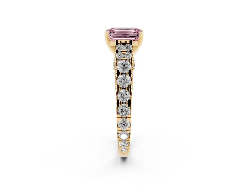 Fancy Pink Emerald Cut Diamond Classic Solitaire Ring Set in Yellow gold with Pavé Band and Prong Setting