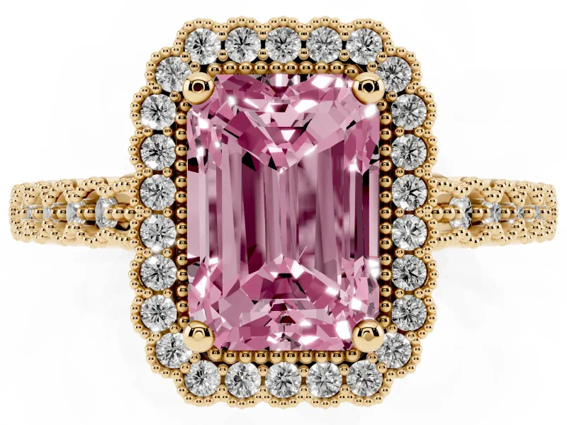 Radiant Cut Milgrain Halo Engagement Ring Setting for a Fancy Pink Lab-Grown Diamond | Beaded Shoulders | Yellow Gold