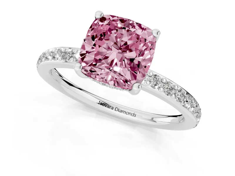 Fancy Pink Cushion Cut Diamond Pavé Band Ring Set in Platinum with Prong-Set Center Stone