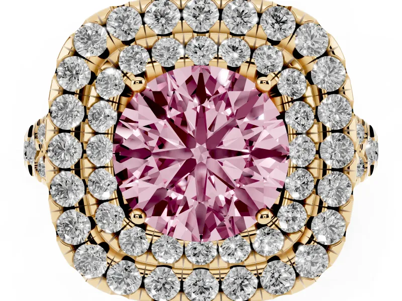 Round Halo Split Shank Engagement Ring Setting for a Fancy Pink Lab-Grown Diamond | Pavé Strands | Yellow Gold