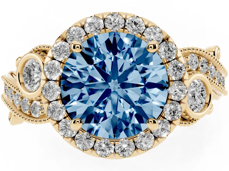 Fancy Blue Round Cut Diamond Halo Ring Set in Yellow gold with Milgrain Pavé Band and Prong Setting