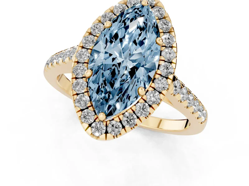 Marquise Halo Engagement Ring Setting for a Fancy Blue Lab-Grown Diamond | Pave Shoulders | Yellow Gold