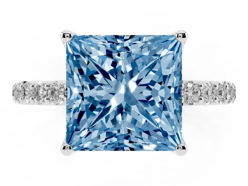 Princess Cut Pave Solitaire Engagement Ring Setting for a Fancy Blue Lab-Grown Diamond | Slim Band | Sterling Silver