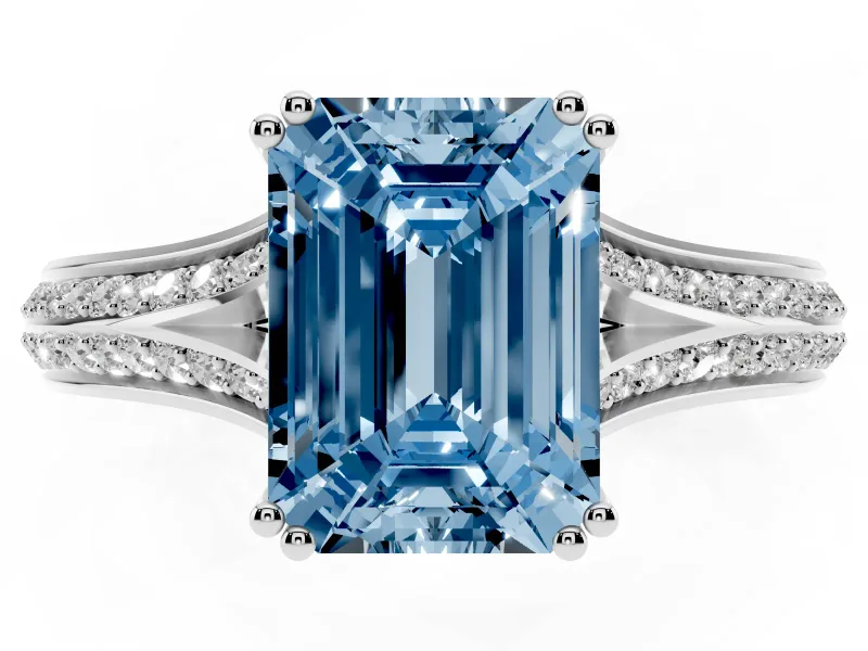 Emerald Cut Pave Split Shank Engagement Ring Setting for a Fancy Blue Lab-Grown Diamond | Double Claw Prongs | Platinum