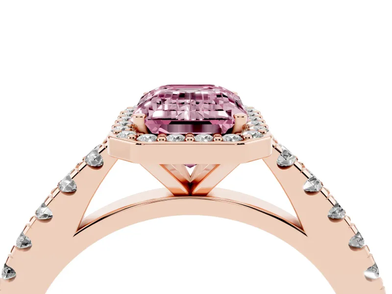 Fancy Pink Emerald Cut Diamond Halo Engagement Ring Set in Rose gold with Pavé Band and Prong Setting