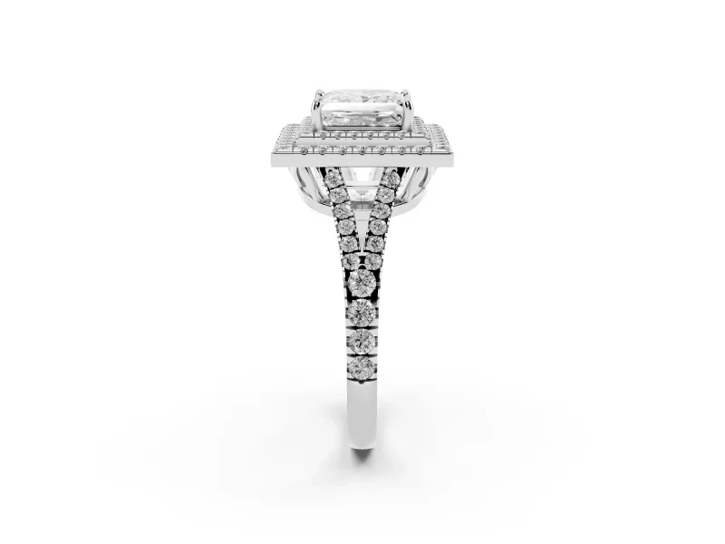 Princess Cut Double Halo Split Shank Engagement Ring Setting | Pavé Shoulders | Sterling Silver