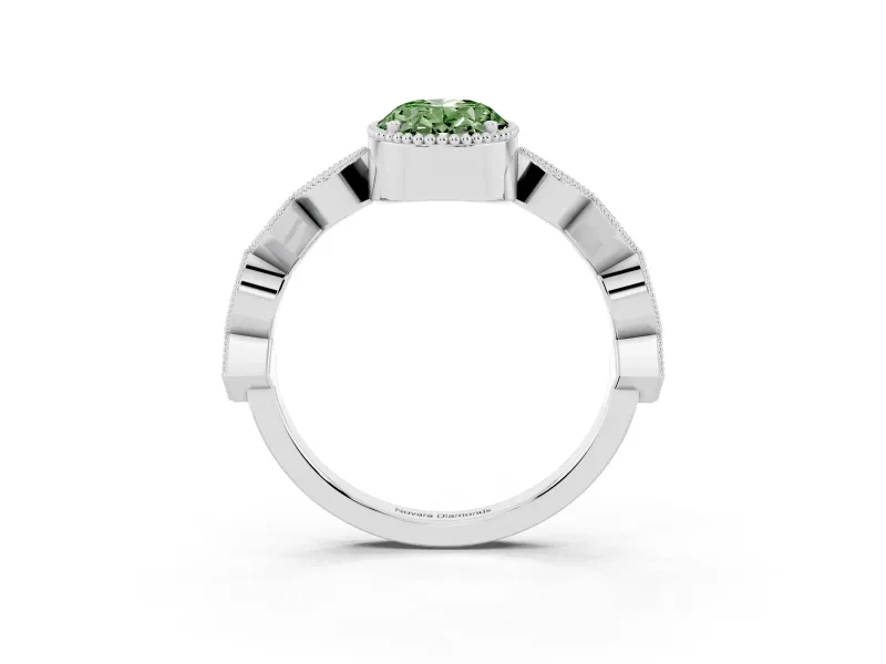 Fancy Green Oval Cut Diamond Milgrain Marquise Twist Band Ring Set in Platinum with Prong Setting