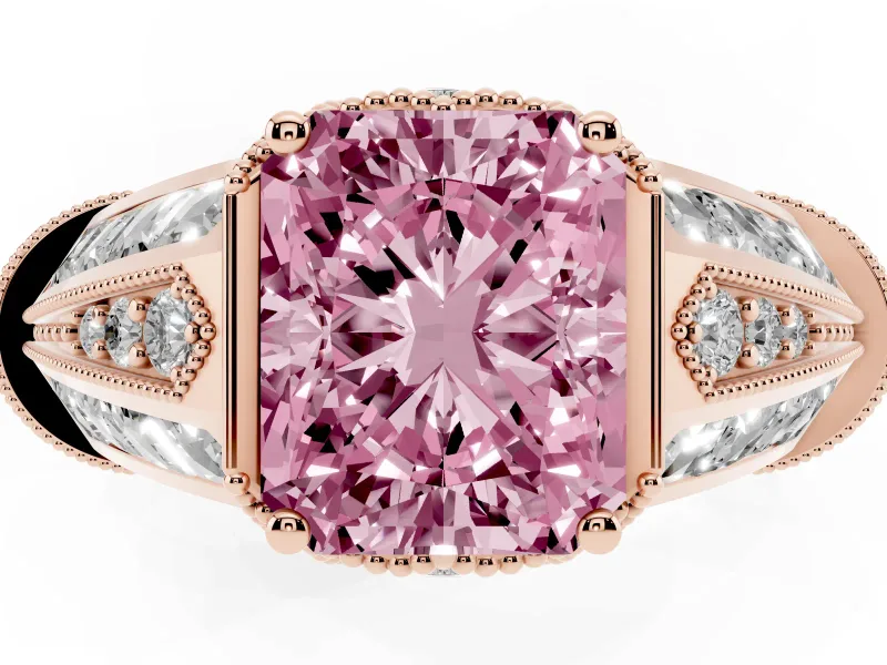 Fancy Pink Radiant Cut Diamond Vintage-Inspired Milgrain Ring Set in Rose gold with Accent Split Shank