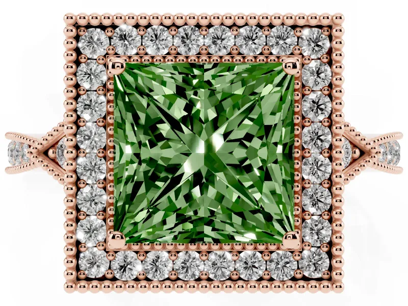 Fancy Green Princess Cut Diamond Halo Engagement Ring Set in Rose gold with Milgrain Pavé Band