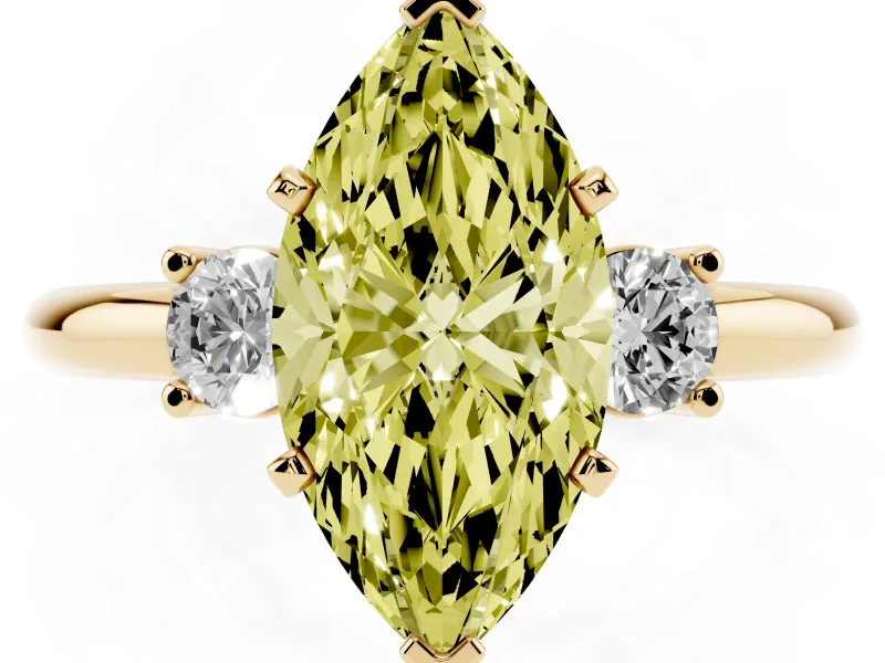 Fancy Yellow Three-Stone Marquise Cut Diamond Ring Set in Yellow gold with Prong Setting and Plain Band