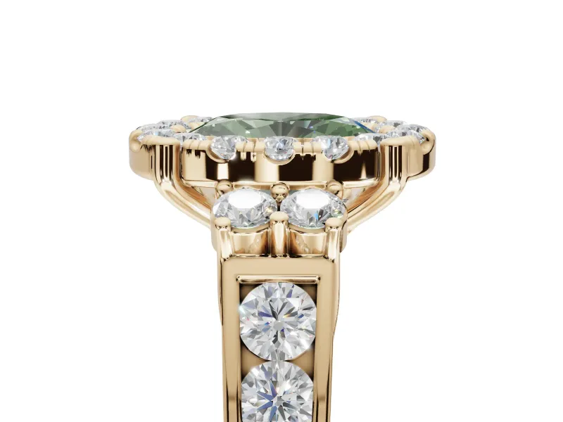 Oval Halo Engagement Ring Setting for a Fancy Green Lab-Grown Diamond | Side Clusters | Yellow Gold