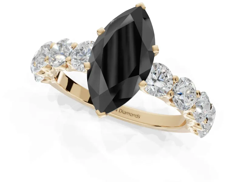 Marquise Side Stone Engagement Ring Setting for a Black Center | Yellow Gold