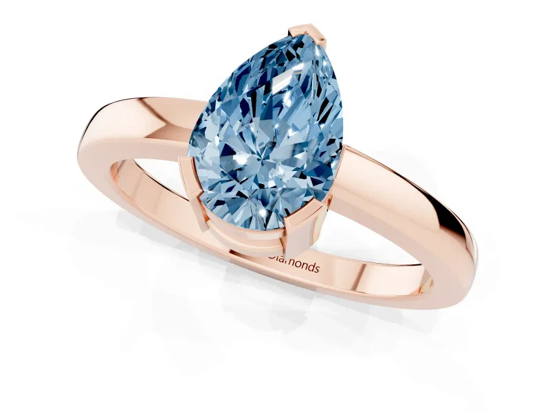 Fancy Blue Pear Cut Diamond Solitaire Ring Set in Rose gold with Prong Head and Smooth Polished Band