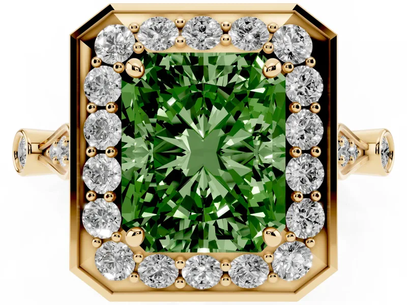 Radiant Cut Halo Engagement Ring Setting for a Fancy Green Lab-Grown Diamond | Bezel Station Shoulders | Yellow Gold