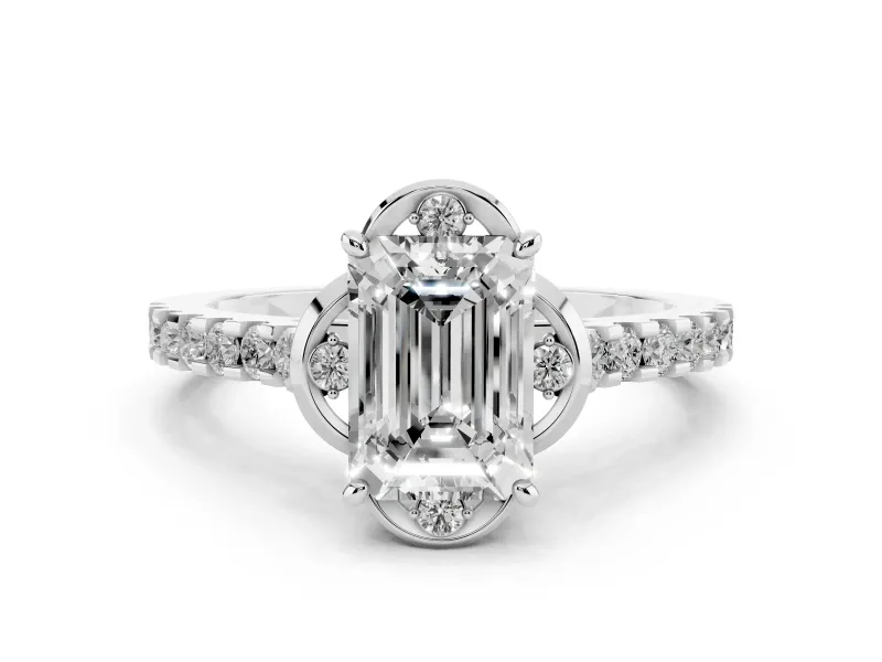Emerald Cut Diamond Solitaire Ring Set in Silver with Pavé Band and Floral Prong Setting