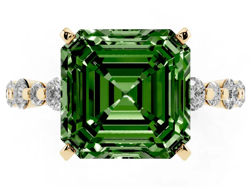 Fancy Green Asscher Cut Diamond Prong Set Engagement Ring Set in Yellow gold with Round Accent Pavé Band