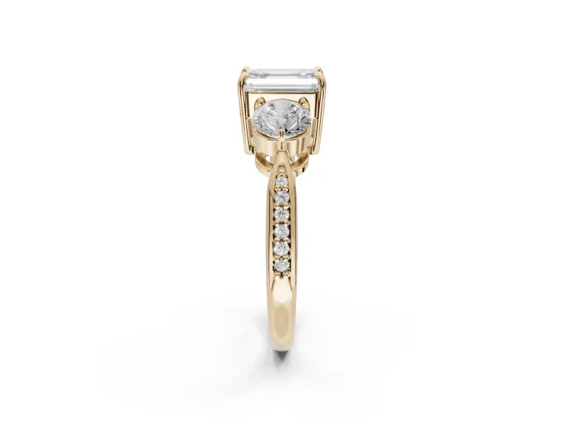 Emerald Cut Three Stone Engagement Ring Setting | Tapered Pave Band | Yellow Gold
