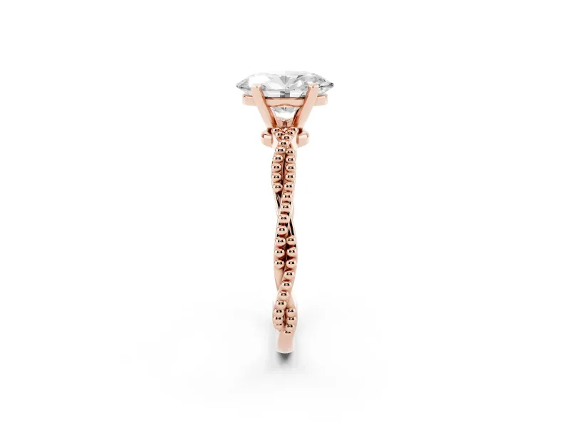 Oval Cut Diamond Solitaire Ring Set in Rose gold with Twisted Band and Bead Prong Setting