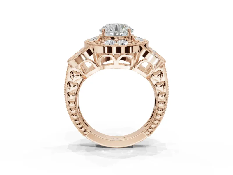 Round Vintage Floral Halo Engagement Ring Setting | Engraved Milgrain Band | Rose Gold