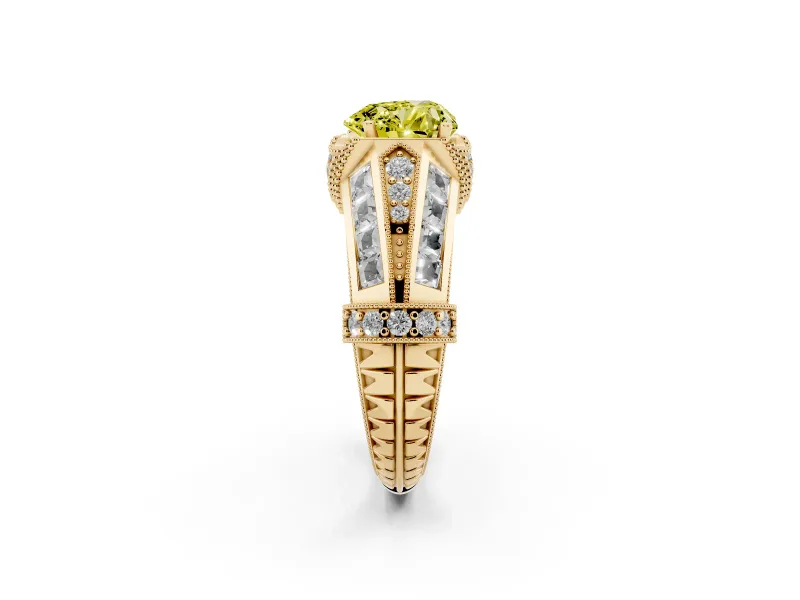 Fancy Yellow Heart Cut Diamond Vintage-Inspired Milgrain Ring Set in Yellow gold with Accent Split Shank