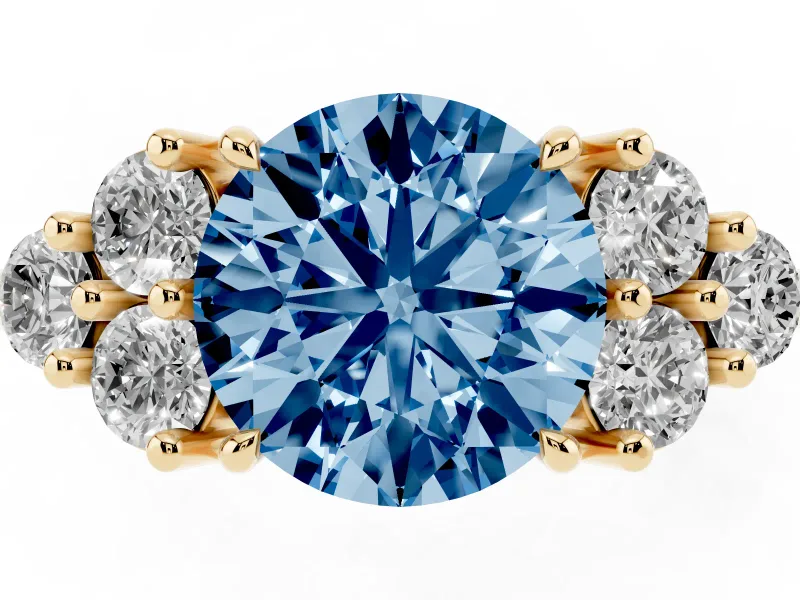 Round Cluster Side Stone Engagement Ring Setting for a Fancy Blue Lab-Grown Diamond | Yellow Gold