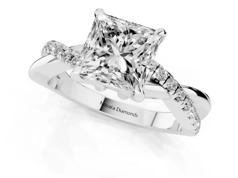 Princess Cut Pavé Twist Engagement Ring Setting | Crossover Band | White Gold