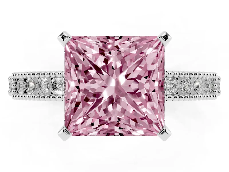Fancy Pink Princess Cut Diamond Solitaire Ring Set in White gold with Slim Pavé Band and Prong Setting