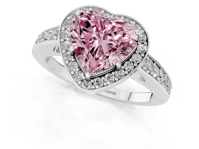Fancy Pink Heart Cut Diamond Halo Pavé Engagement Ring Set in White gold with Bezel Setting