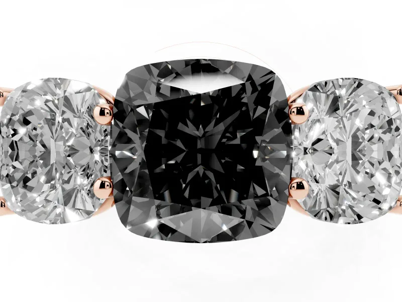 Cushion Cut Three Stone Engagement Ring Setting for a Black Center | Basket Prong Heads | Rose Gold