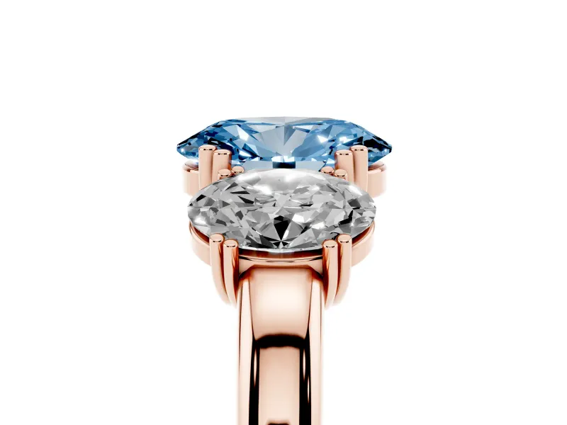 Oval Three Stone Engagement Ring Setting for a Fancy Blue Lab-Grown Diamond | Double Claw Head | Rose Gold