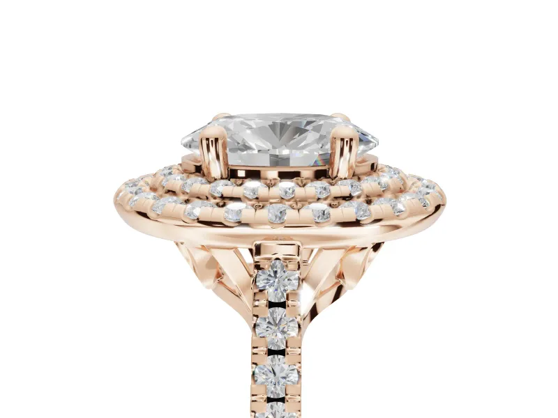 Oval Lab-Grown Diamond Double Halo Statement Ring Set in Rose Gold with Pavé Band