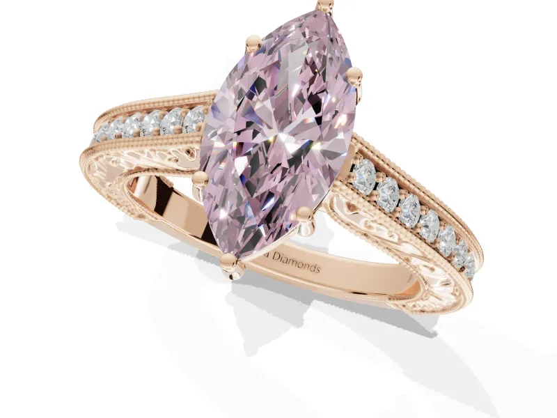 Marquise Vintage Engraved Pavé Engagement Ring Setting for a Fancy Pink Lab-Grown Diamond | Milgrain Edges | Rose Gold