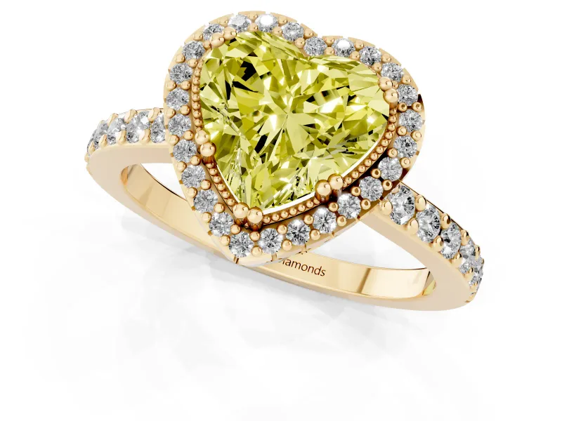 Fancy Yellow Heart Cut Diamond Halo Engagement Ring Set in Yellow gold with Milgrain Detail and Pavé Band