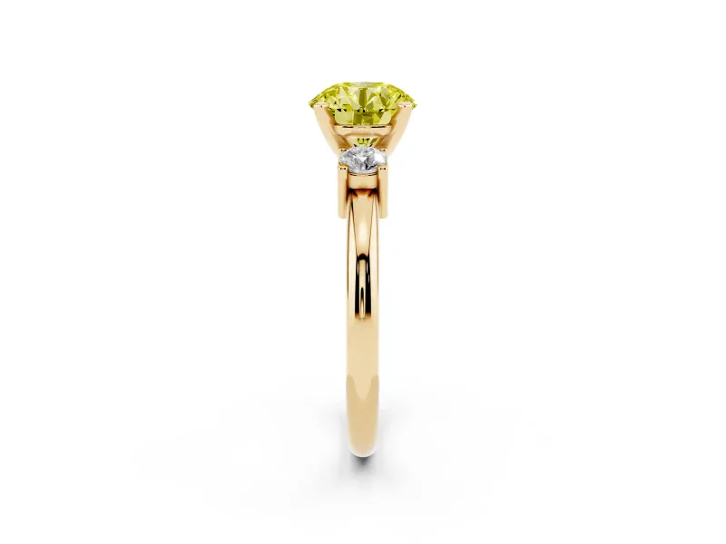 Round Three Stone Engagement Ring Setting for a Fancy Yellow Lab-Grown Diamond | Round Side Stones | Yellow Gold