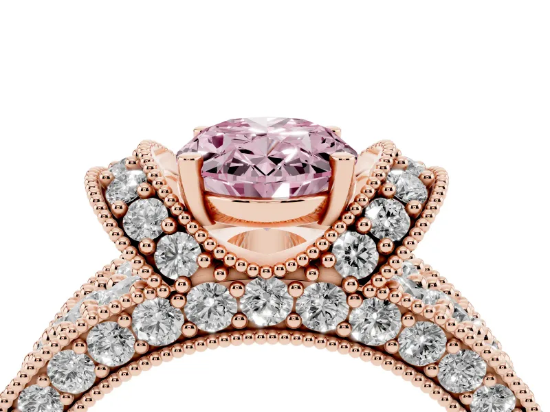 Oval Vintage Milgrain Pave Engagement Ring Setting for a Fancy Pink Lab-Grown Diamond | Crescent Side Rows | Rose Gold