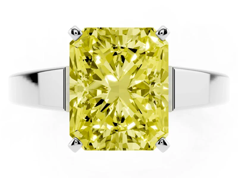 Fancy Yellow Radiant Cut Diamond Solitaire Engagement Ring Set in White gold with Prong Setting and Tapered Band