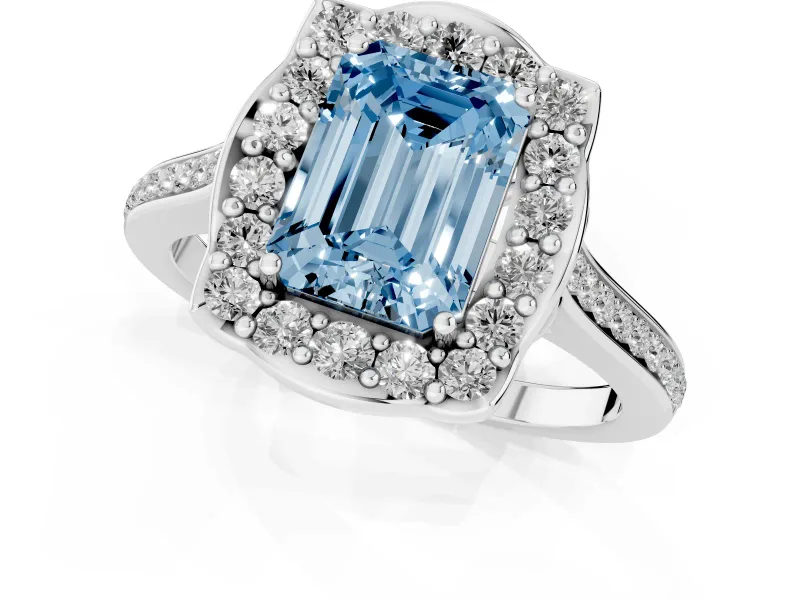 Emerald Cut Halo Engagement Ring Setting for a Fancy Blue Lab-Grown Diamond | Petal Tips | Platinum