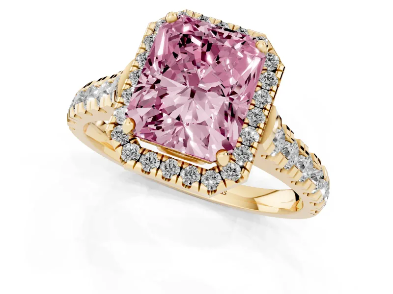 Radiant Cut Accented Halo Engagement Ring Setting for a Fancy Pink Lab-Grown Diamond | Yellow Gold