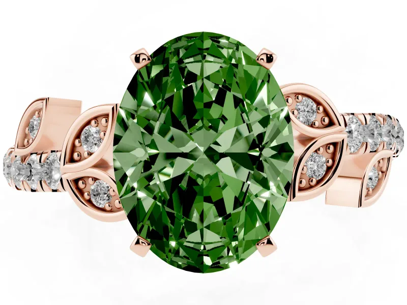Fancy Green Oval Cut Diamond Solitaire Leaf-Inspired Ring Set in Rose gold with Pavé Band and Prong Setting