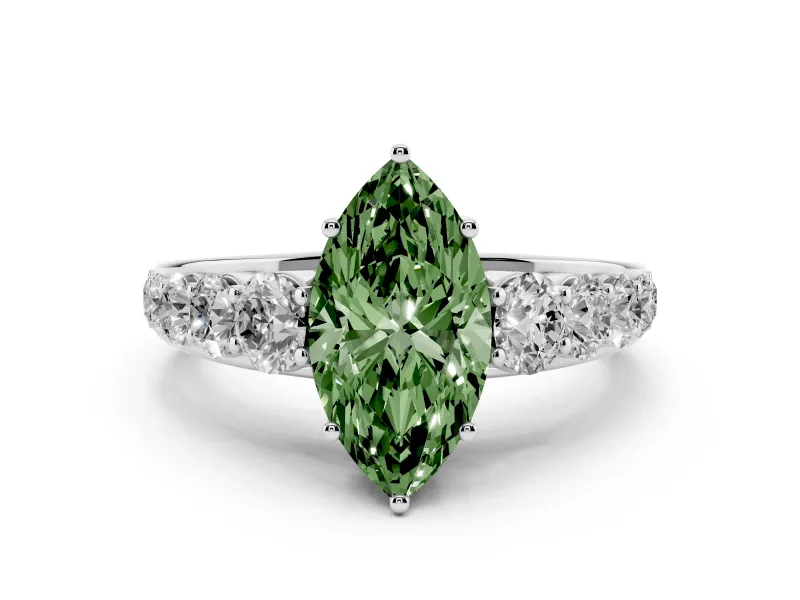 Fancy Green Marquise Cut Diamond Solitaire Ring Set in White gold with Pavé-Set Band and Prong Setting