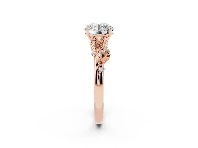 Round Leaf Motif Solitaire Engagement Ring Setting | Accented Leaves | Rose Gold