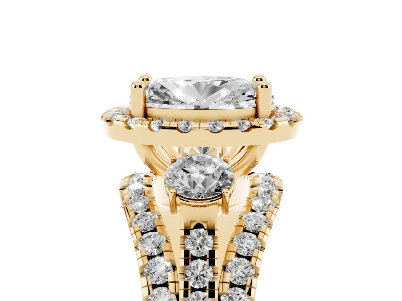 Oval Halo Split Shank Engagement Ring Setting | Round Side Stones | Yellow Gold
