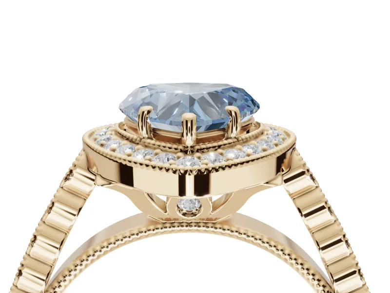 Fancy Blue Heart-Shaped Lab-Grown Diamond Milgrain Halo Solitaire Ring Set in Yellow Gold with Bezel Set Side Stones and Pavé Band