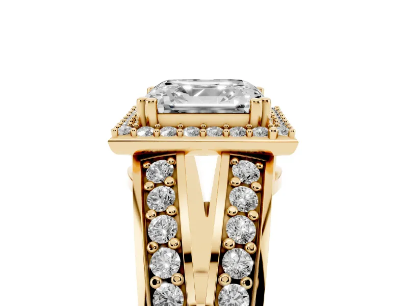 Asscher Cut Halo Engagement Ring Setting | Two-Row Pave Split Shank | Yellow Gold