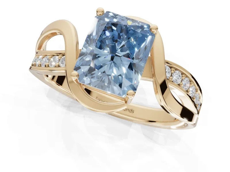 Radiant Cut Bypass Solitaire Engagement Ring Setting for a Fancy Blue Lab-Grown Diamond | Pavé Strands | Yellow Gold