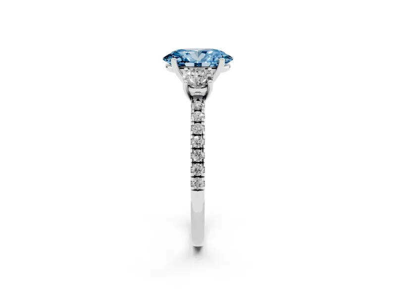 Oval Three Stone Engagement Ring Setting for a Fancy Blue Lab-Grown Diamond | Pave Shoulders | Platinum